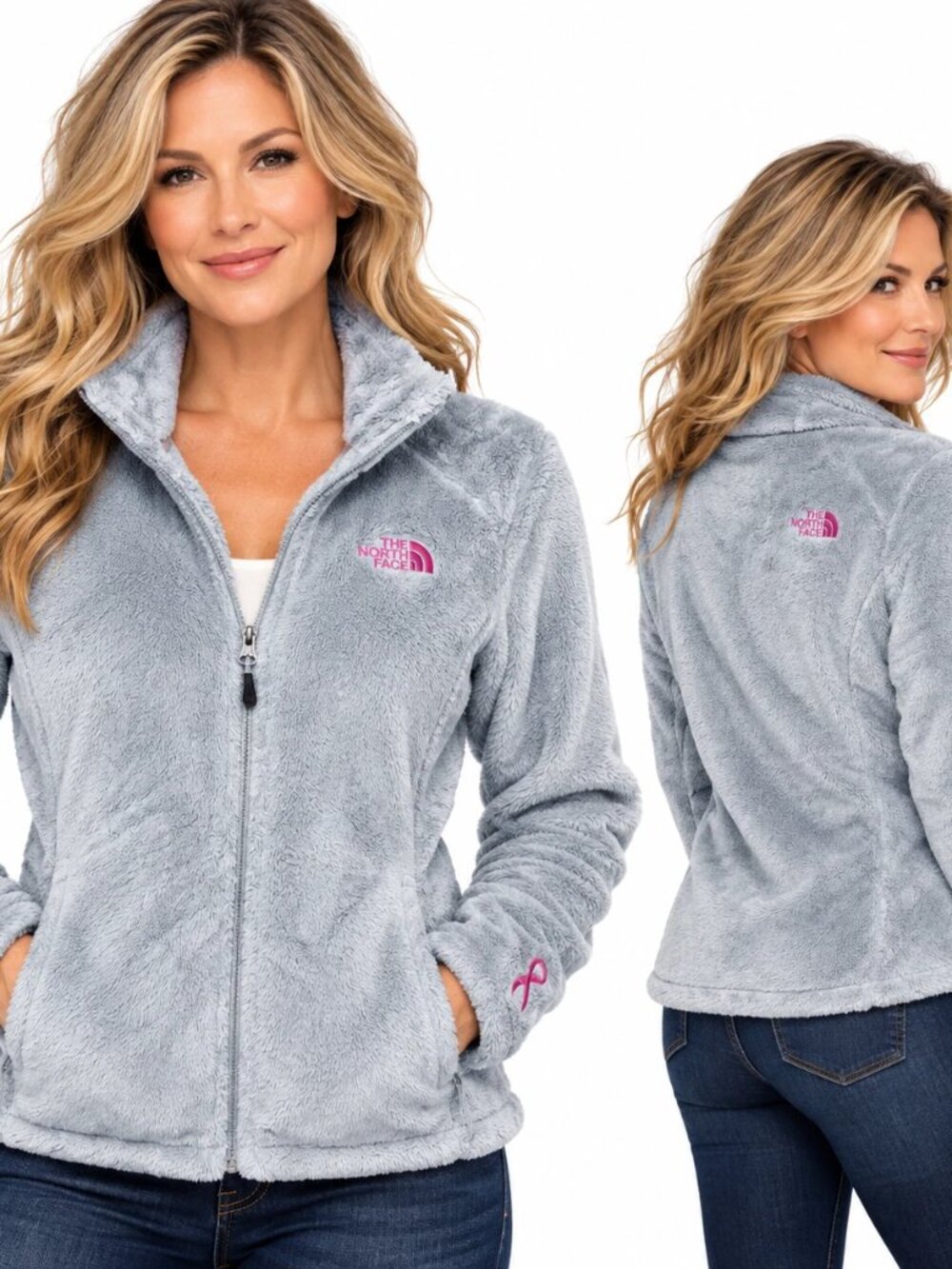 The North Face Osito Fleece Womens L Gray Pink Ribbon Breast Cancer Gorpcore